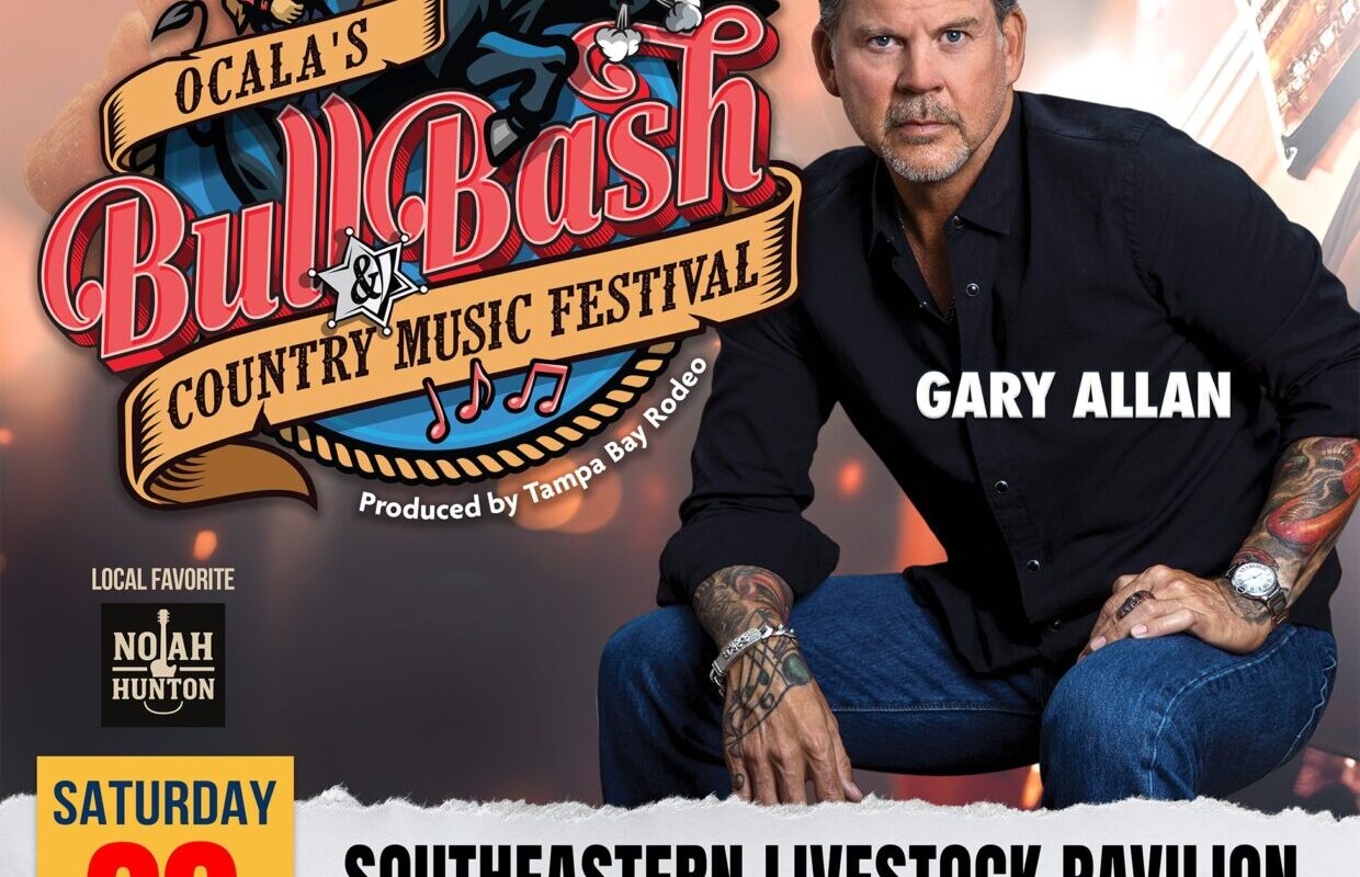 Concert poster advertising a live country music event: Gary Allan at the Bull Bash festival with big red LIVE letters and cowboys imagery, produced by Tampa Bay Rodeo.
