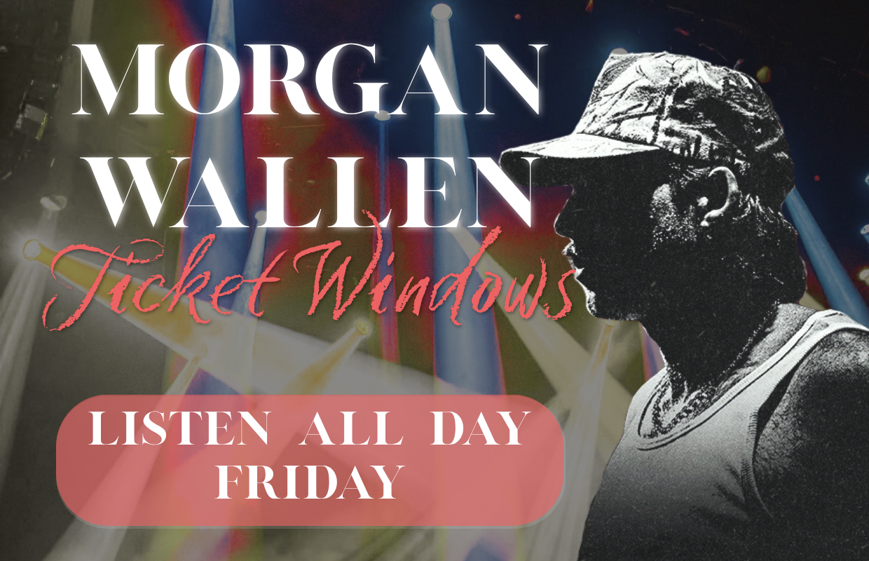 Concert poster with a silhouette of a man in a cap on stage, large 'MORGAN WALLEN' and 'Ticket Windows' text, and a pink rounded banner reading 'LISTEN ALL DAY FRIDAY'.
