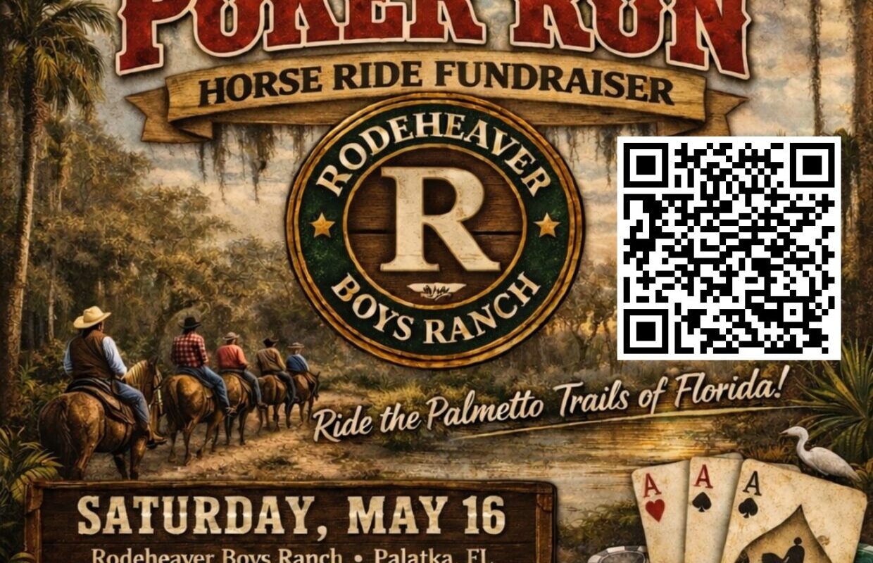 Poster for a poker-run horseback fundraiser: riders on a trail, with Rodeheaver Boys Ranch branding and a large QR code on the right.
