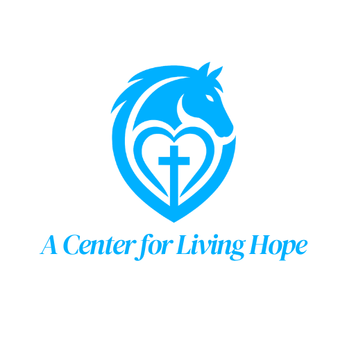 Blue emblem featuring a heart with a cross inside, framed by a stylized horse head, with the text 'A Center for Living Hope' in blue beneath.