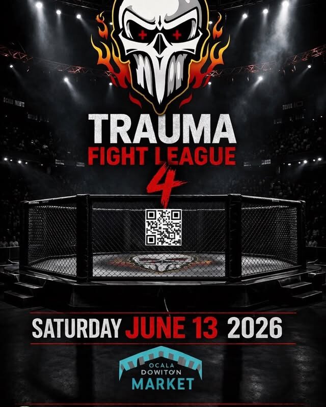 Poster for Trauma Fight League 4 with a flaming skull logo above a fighting cage in a stadium setting.