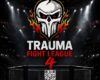 Poster for Trauma Fight League 4 with a flaming skull logo above a fighting cage in a stadium setting.