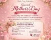 Pink floral Mother’s Day promo poster: announces a Special Mother’s Day Celebration on Sunday, May 10th, 8:00 AM–3:00 PM, with pampering for moms, chair massages, professional photo keepsake, Mother’s Day gifts; free for all moms. Location: Legacy Park Recreation Complex, 15400 Peggy Rd, Alachua, FL 32615.