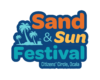 Logo for Sand & Sun Festival in Ocala with palm trees and colorful bold text (orange, teal) on a blue background.