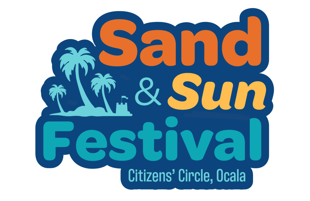 Logo for Sand & Sun Festival in Ocala with palm trees and colorful bold text (orange, teal) on a blue background.