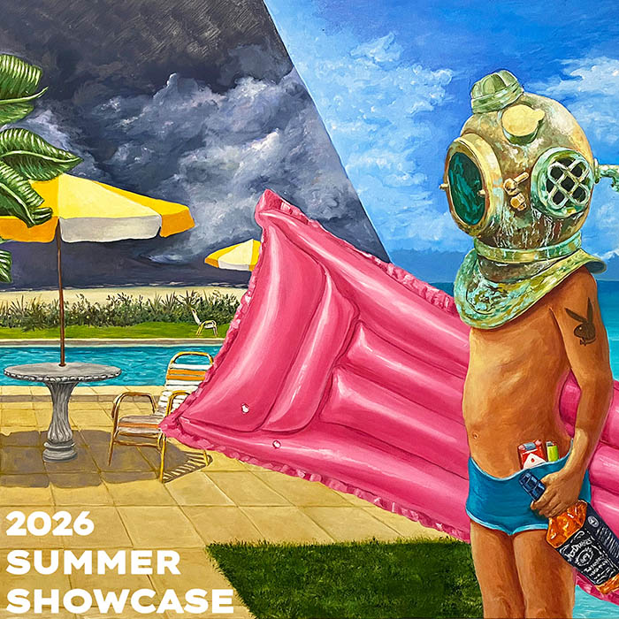Colorful painting of a child in a vintage diving helmet by a pool with a pink inflatable slide; text reads 2026 Summer Showcase.