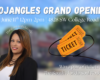 BoJangles grand opening poster with date, time, and address; foreground shows a woman and a ticket graphic.