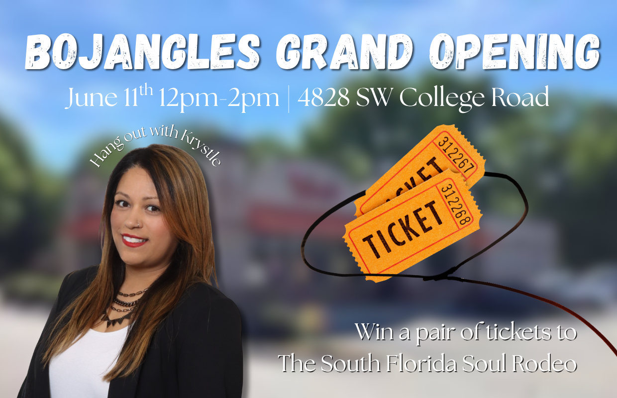 BoJangles grand opening poster with date, time, and address; foreground shows a woman and a ticket graphic.