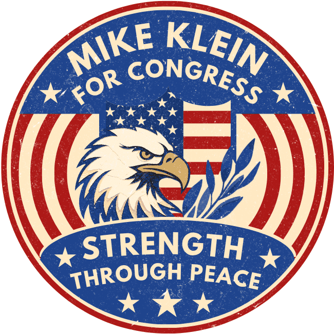 Campaign button reading 'Mike Klein for Congress' with an American flag, an eagle, and the slogan 'Strength Through Peace'.