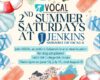 Poster for VOCAL dog adoption event at Jenkins Subaru of Ocala with summer graphics and a surfing dog image.