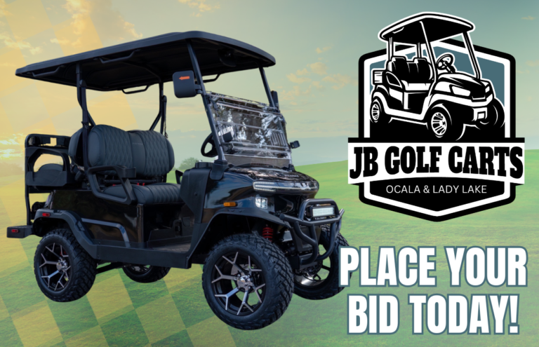 Promotional image showing a black golf cart with JB Golf Carts logo and the call to action “Place Your Bid Today!” on a grassy course background.