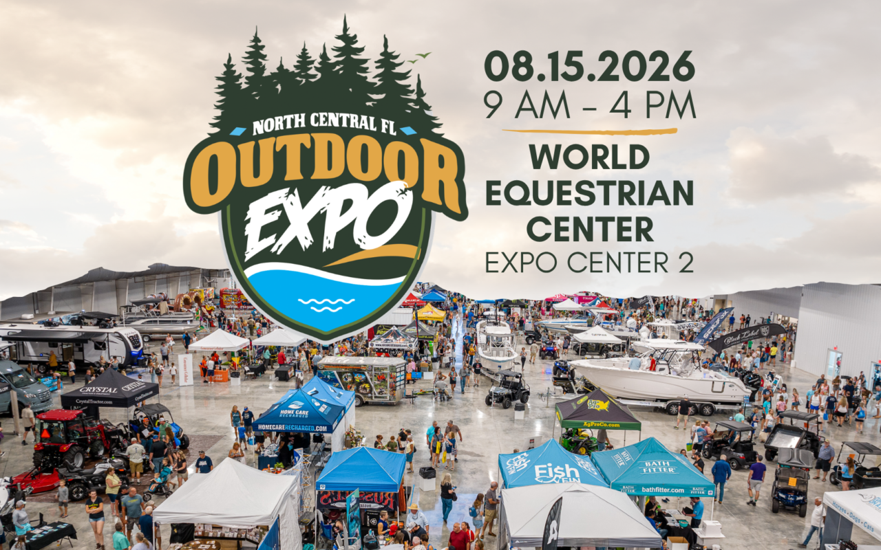 Promotional banner for Outdoor Expo on 08.15.2026, 9 AM–4 PM, World Equestrian Center, Expo Center 2, with a crowded indoor expo backdrop and boats/tents.