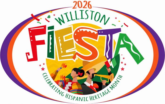 Williston Fiesta 2026 logo promoting Hispanic Heritage Month with colorful letters and dancers at the center.